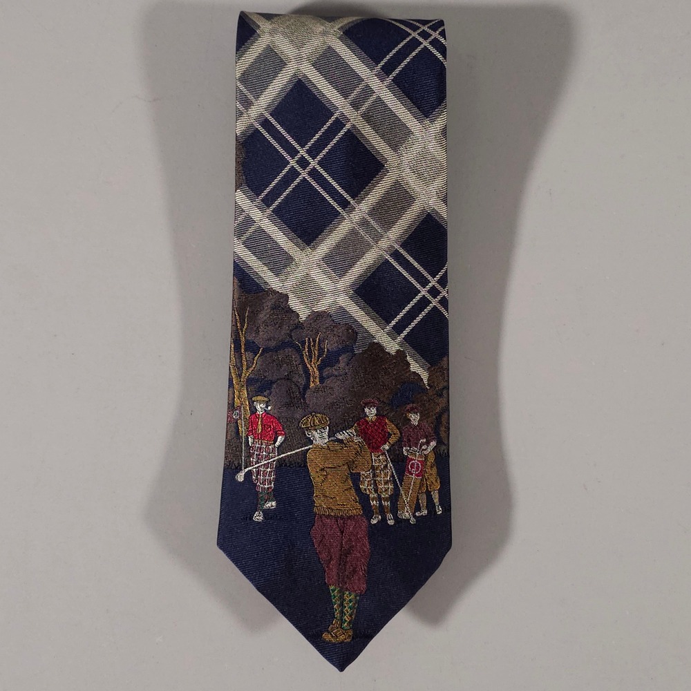 Dunhill Silk Tie Mens OS Navy Plaid Golf Graphic Scenic Vintage Accessory
